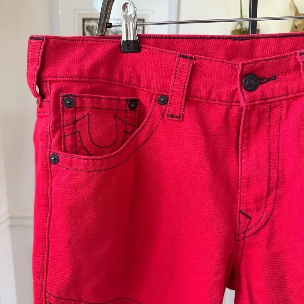 NWOT True Religion Rocco Active Moto Denim Jeans Cho Red Black Stitching $229 36
